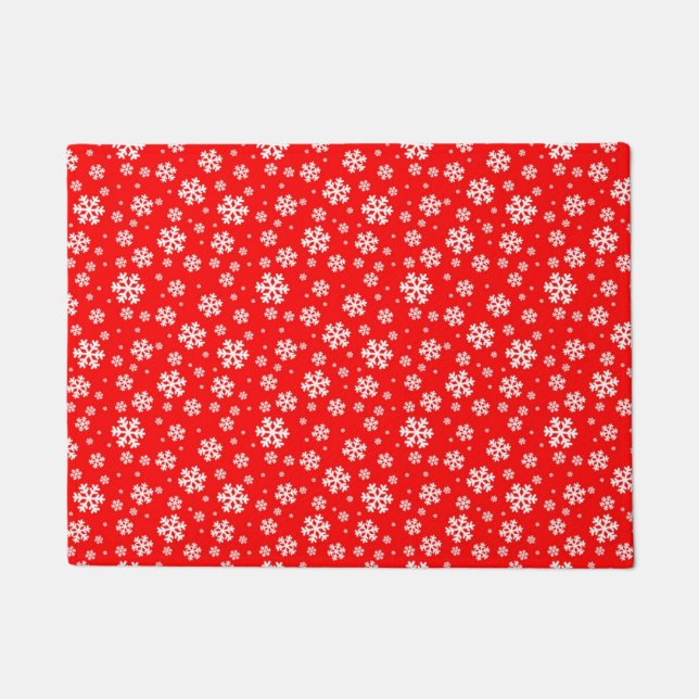 White Snowflakes on Red Winter Pattern Doormat (Front)