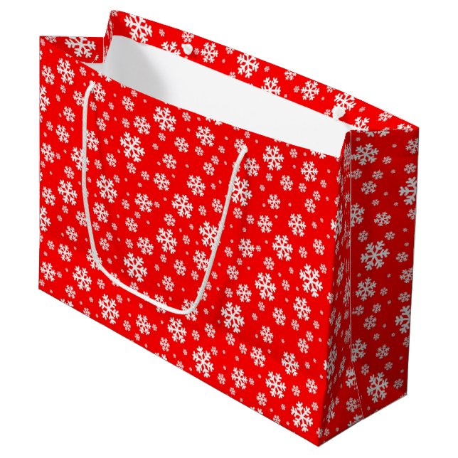 White Snowflakes on Red Winter Pattern Large Gift Bag (Front Angled)