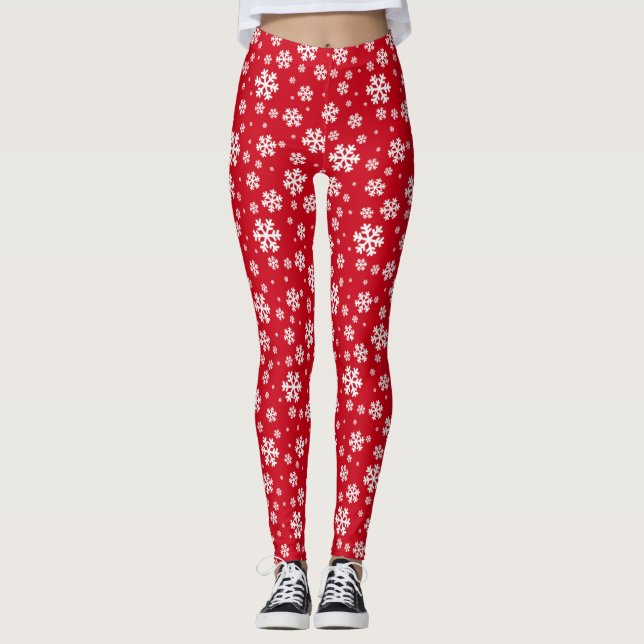 White Snowflakes on red Winter Pattern Leggings (Front)