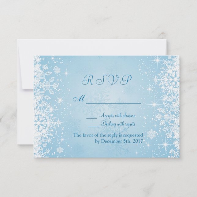 White snowflakes on silver blue RSVP Invitation (Front)