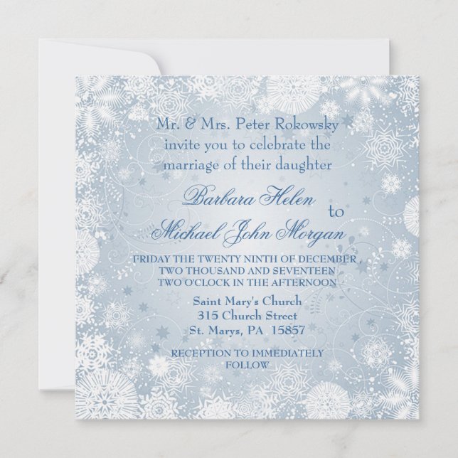 White snowflakes on silver blue Wedding Invitation (Front)
