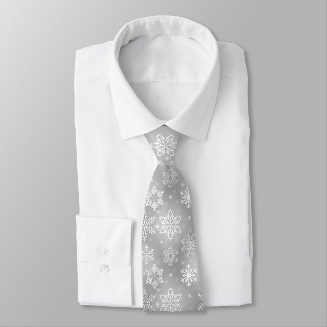 White Snowflakes On Silver Grey Tie (Tied)