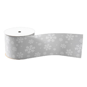 White Snowflakes on Silver Winter Pattern Grosgrain Ribbon