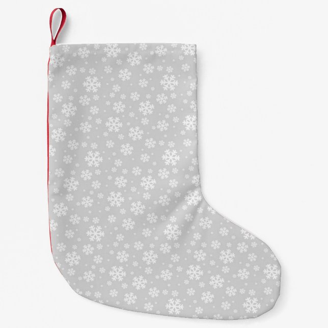 White Snowflakes on Silver Winter Pattern Small Christmas Stocking (Front)