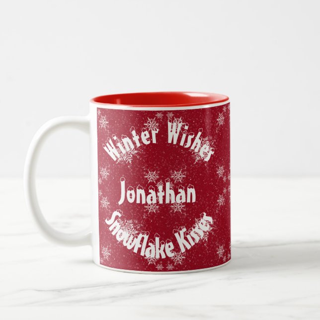 White Snowflakes on Traditional Red Two-Tone Coffee Mug (Left)