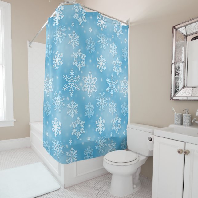 White Snowflakes On Turquoise Shower Curtain (In Situ)