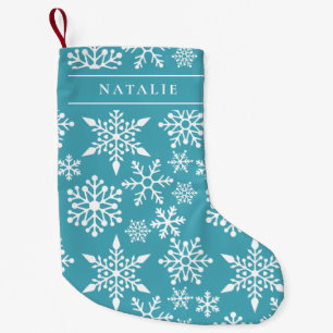 White Snowflakes on Turquoise With Name Small Christmas Stocking