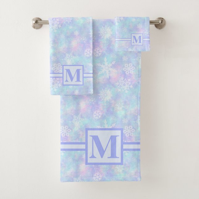 White Snowflakes on Winter Pastels Monogrammed Bath Towel Set (Insitu)