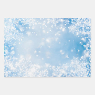 White Snowflakes over Blue Background Winter Wrapping Paper Sheet