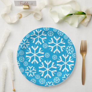 White Snowflakes Pattern on Blue Paper Plate