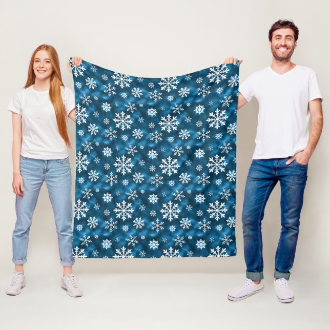 White Snowflakes Pattern On Blue Winter Fleece Blanket (In Situ)