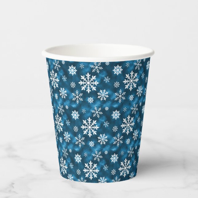 White Snowflakes Pattern On Winter Blue Background Paper Cups (Front)