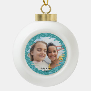 White Snowflakes } Personalised Christmas Photo Ceramic Ball Christmas Ornament