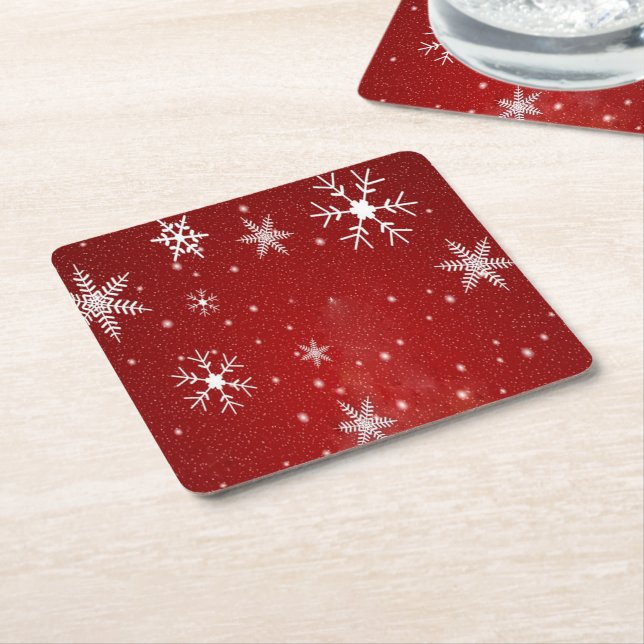 White Snowflakes Red Background Paper Coasters (Angled)