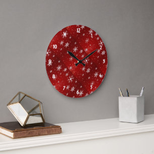 White Snowflakes Red Background Round Wall Clock
