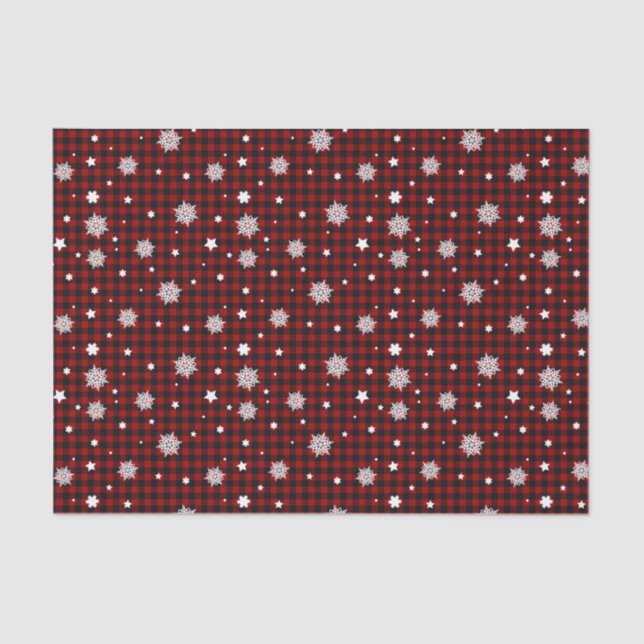 White Snowflakes Red Black Buffalo Plaid Christmas Tissue Paper (Front)