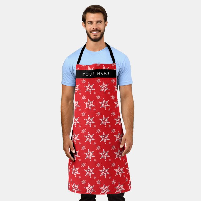White Snowflakes, Red, Your name, Personalise Apron (Worn)