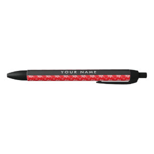 White Snowflakes, Red, Your name, Personalise Black Ink Pen