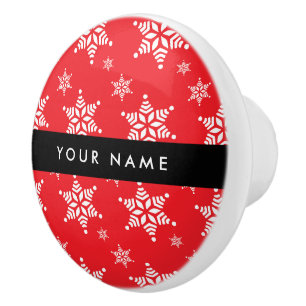 White Snowflakes, Red, Your name, Personalise Ceramic Knob