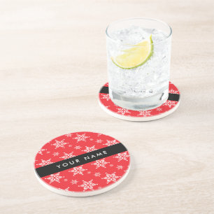 White Snowflakes, Red, Your name, Personalise Coaster