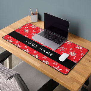 White Snowflakes, Red, Your name, Personalise Desk Mat