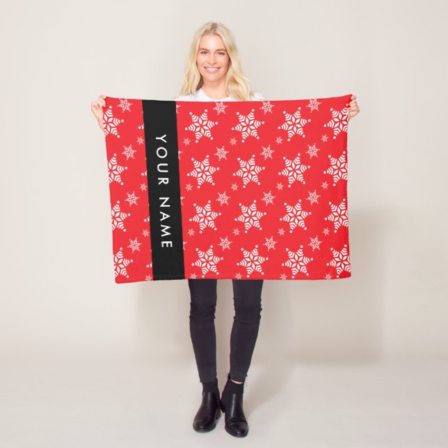 White Snowflakes, Red, Your name, Personalise Fleece Blanket (In Situ)