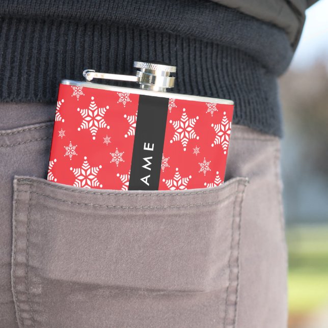White Snowflakes, Red, Your name, Personalise Hip Flask (In Situ)