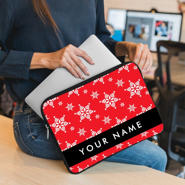 White Snowflakes, Red, Your name, Personalise Laptop Sleeve (Creator Uploaded)