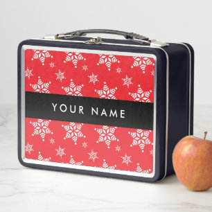 White Snowflakes, Red, Your name, Personalise Metal Lunch Box