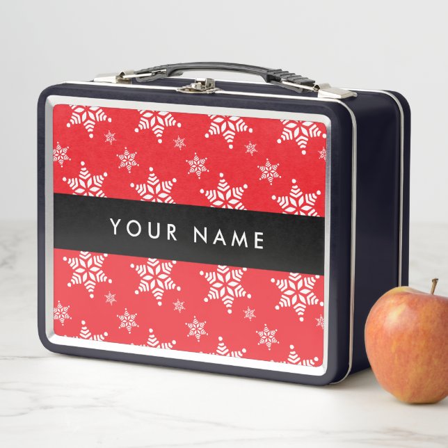 White Snowflakes, Red, Your name, Personalise Metal Lunch Box (In Situ)
