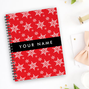 White Snowflakes, Red, Your name, Personalise Notebook