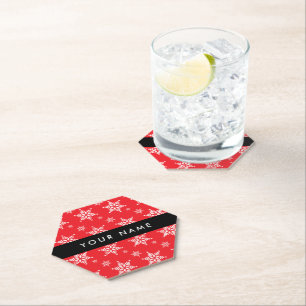 White Snowflakes, Red, Your name, Personalise Paper Coaster