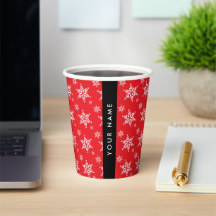White Snowflakes, Red, Your name, Personalise Paper Cups