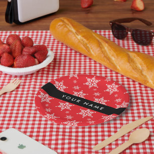 White Snowflakes, Red, Your name, Personalise Paper Plate
