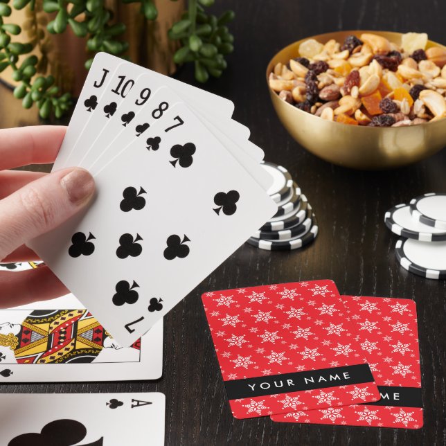 White Snowflakes, Red, Your name, Personalise Playing Cards (In Situ)