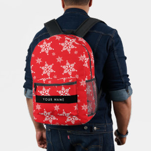 White Snowflakes, Red, Your name, Personalise Printed Backpack