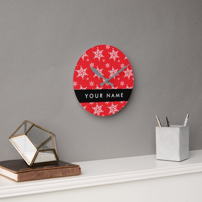 White Snowflakes, Red, Your name, Personalise Round Clock (Office)
