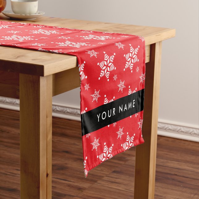 White Snowflakes, Red, Your name, Personalise Short Table Runner (In Situ)