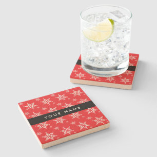 White Snowflakes, Red, Your name, Personalise Stone Coaster