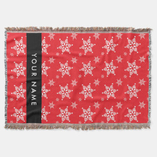 White Snowflakes, Red, Your name, Personalise Throw Blanket