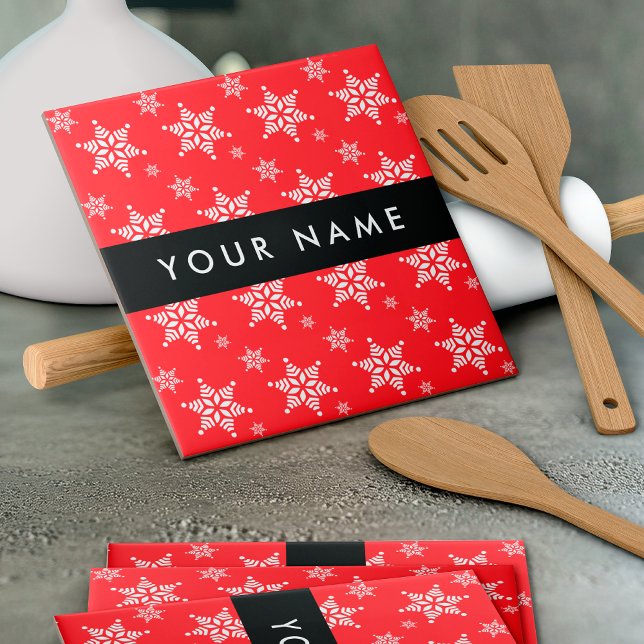 White Snowflakes, Red, Your name, Personalise Tile (Creator Uploaded)