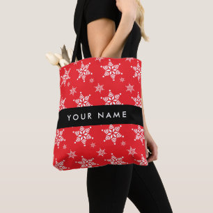 White Snowflakes, Red, Your name, Personalise Tote Bag