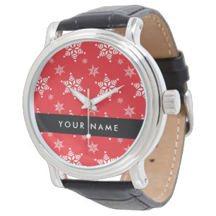 White Snowflakes, Red, Your name, Personalise Watch