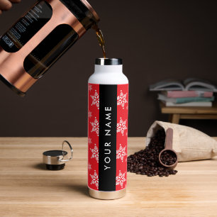 White Snowflakes, Red, Your name, Personalise Water Bottle