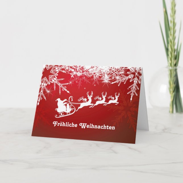 White snowflakes, Santa, reindeers on red German Holiday Card (Front)