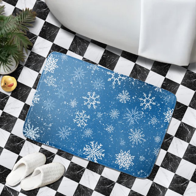 White Snowflakes Sapphire Blue Bath Mat (Creator Uploaded)
