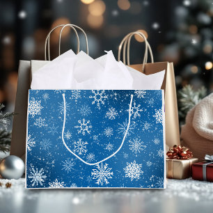 White Snowflakes Sapphire Blue Large Gift Bag