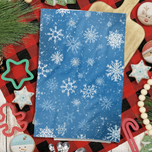 White Snowflakes Sapphire Blue Tea Towel