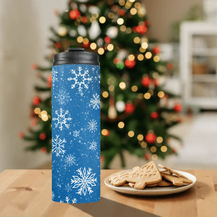 White Snowflakes Sapphire Blue Thermal Tumbler