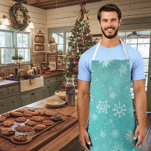 White Snowflakes Teal Apron